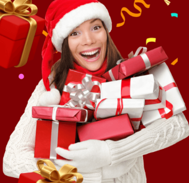Woman in Santa hat holding wrapped Christmas presents