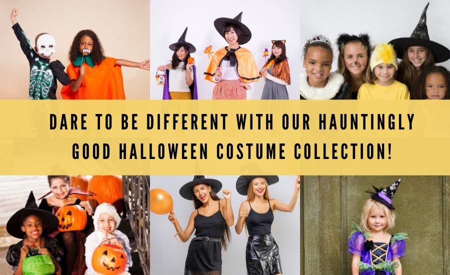 A collage of people dressed in various Best Halloween costumes, including a witch, a vampire, a superhero, and a zombie.