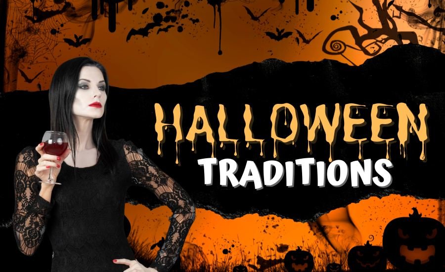 A horrow background with text "Halloween Traditions"