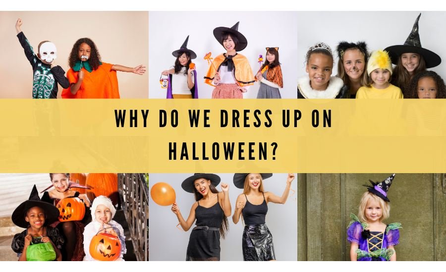 There are a group of women in the image with different dressing style for Halloween and there is text "Why do we dress up on Halloween?"